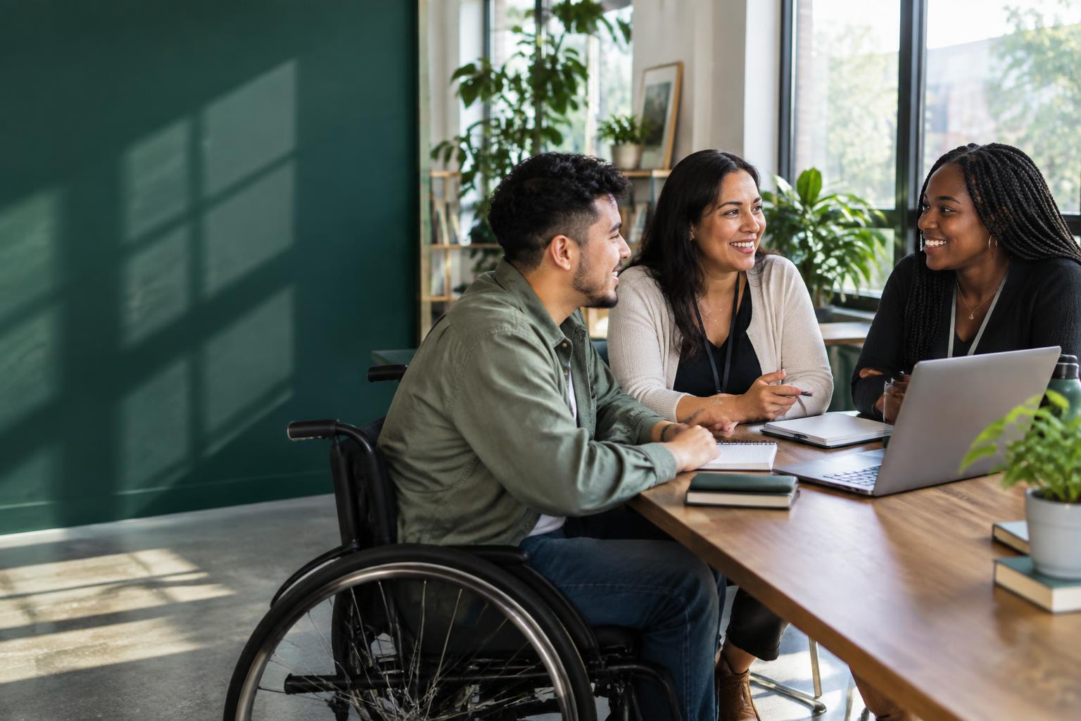 Career mentor and colleagues collaborating with a wheelchair user in an inclusive workplace